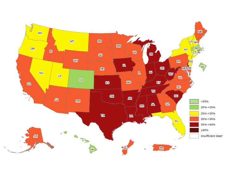 Map: Obesity prevalence in United States